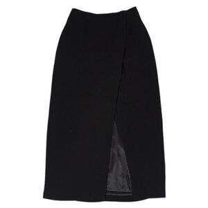 Vintage 80s Anne Klein II Midi Wrap Skirt Thigh Slit Acetate Rayon Pleated Black